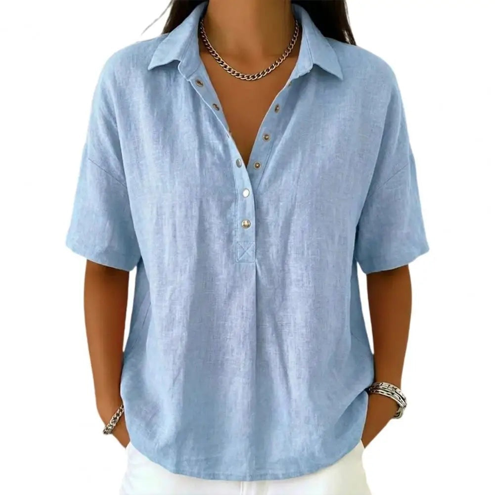 Blusa de Lino Manga Corta Cuello Polo Clásica