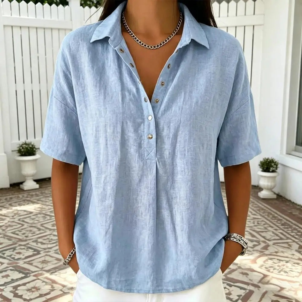Blusa de Lino Manga Corta Cuello Polo Clásica
