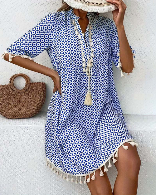 Alma | Vestido Corto de Verano Mujer Estampado Geométrico Flecos