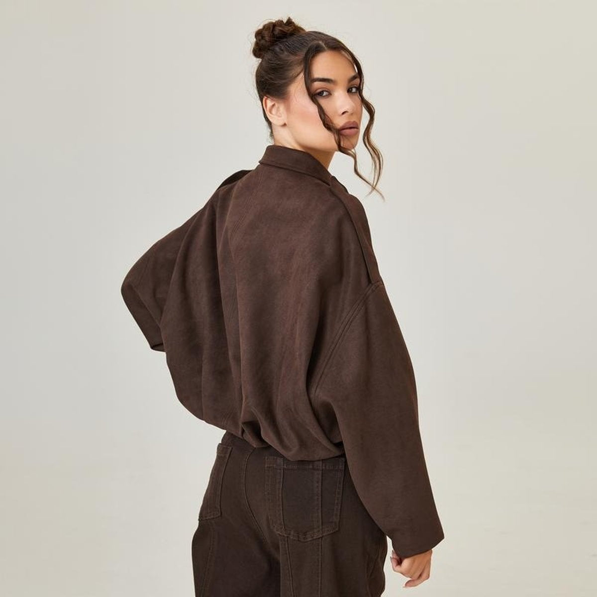 Chaqueta de Ante Oversize Bomber Manga Larga para Mujer