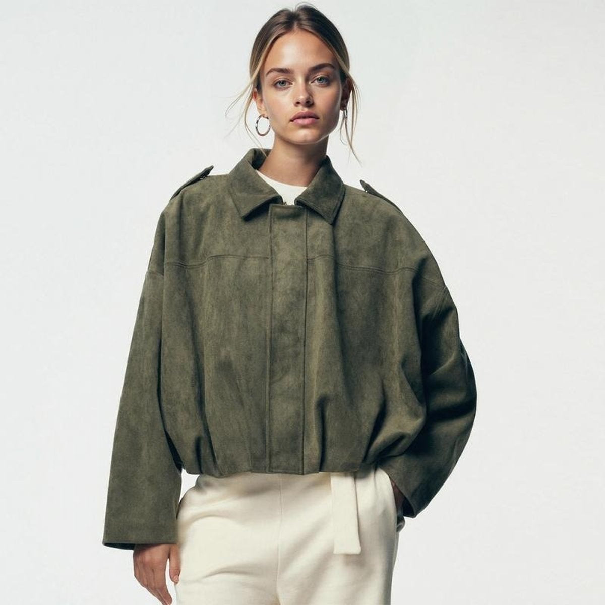 Chaqueta de Ante Oversize Bomber Manga Larga para Mujer