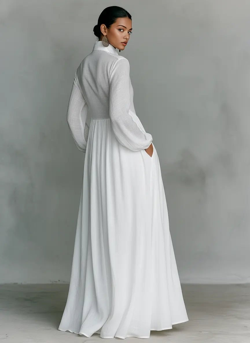 Vestido Largo de Novia Sencillo Manga Larga con Botones