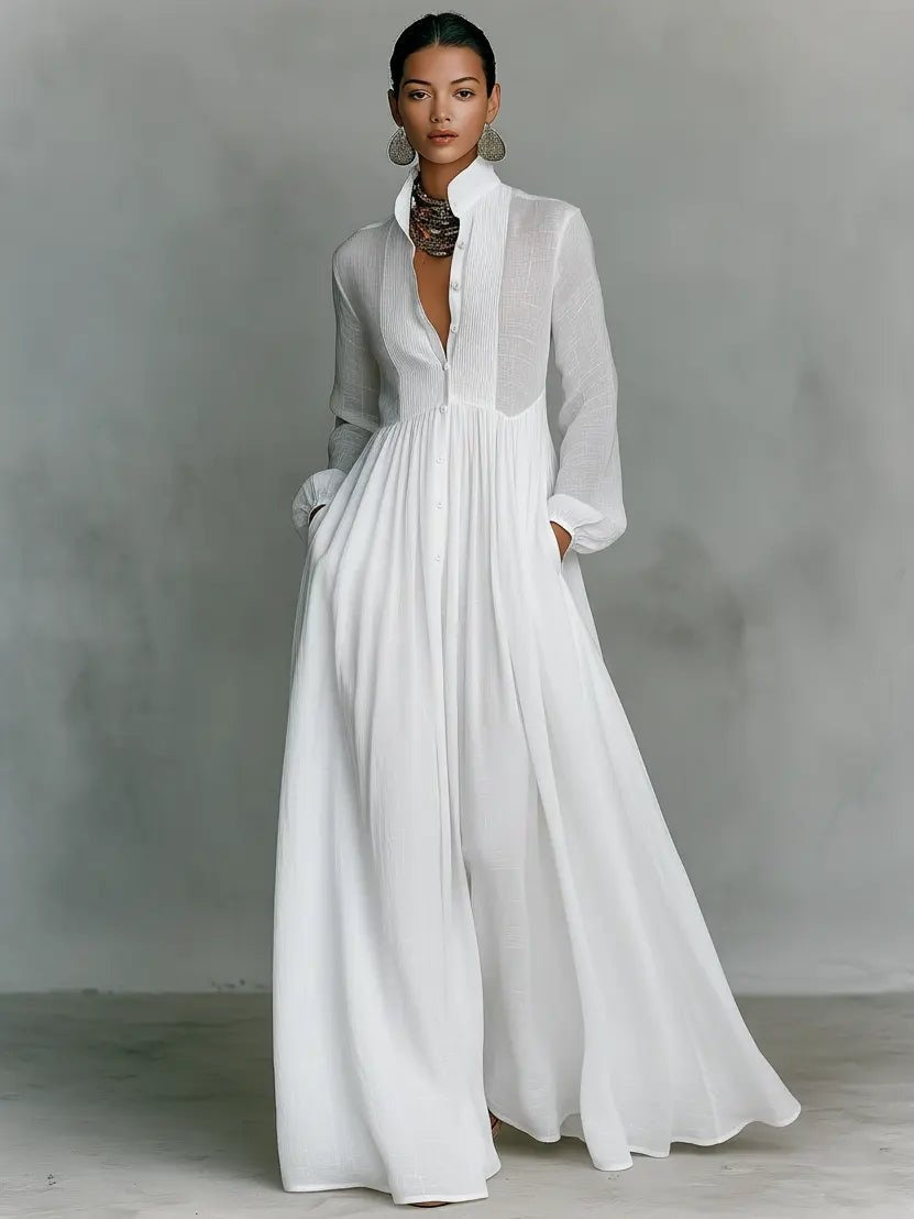 Vestido Largo de Novia Sencillo Manga Larga con Botones