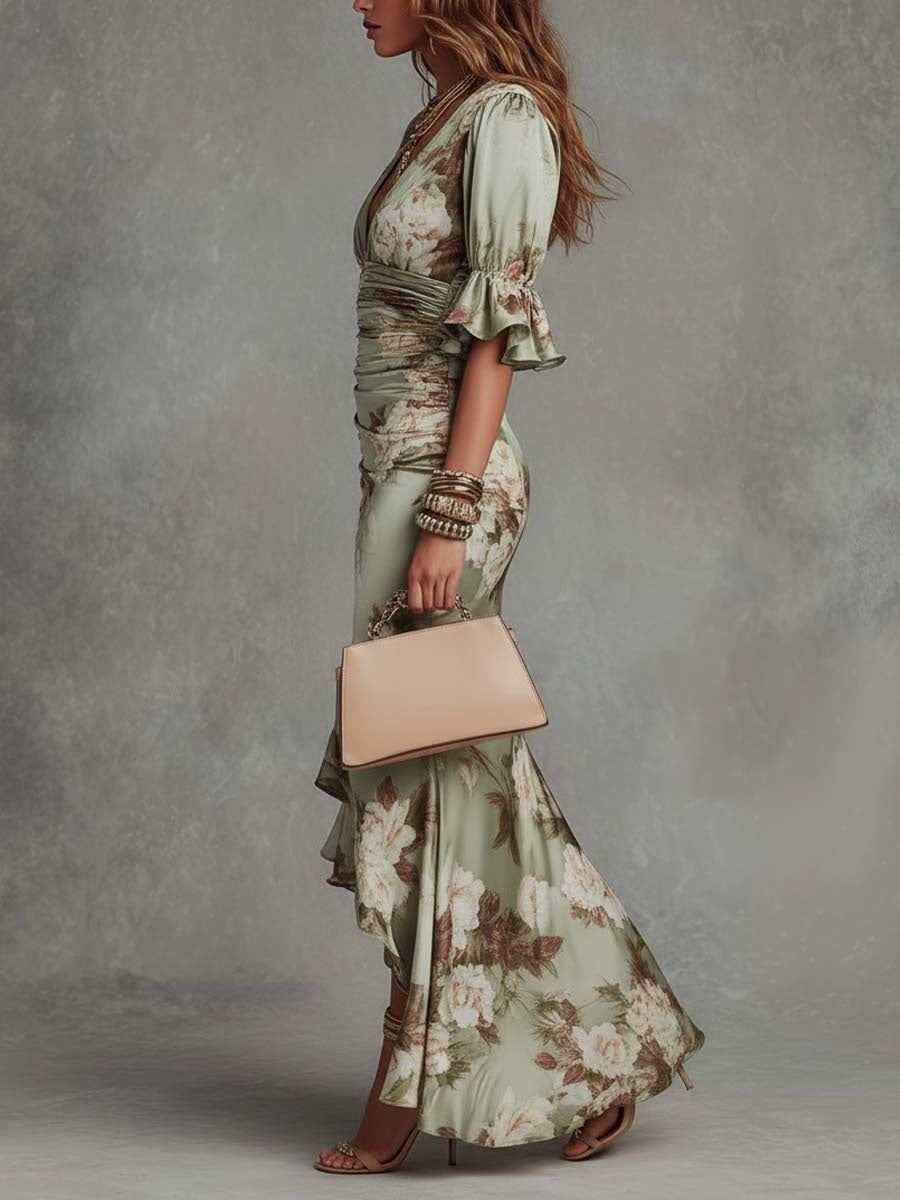 Vestido Floral Largo Ajustado con Volantes en el Escote