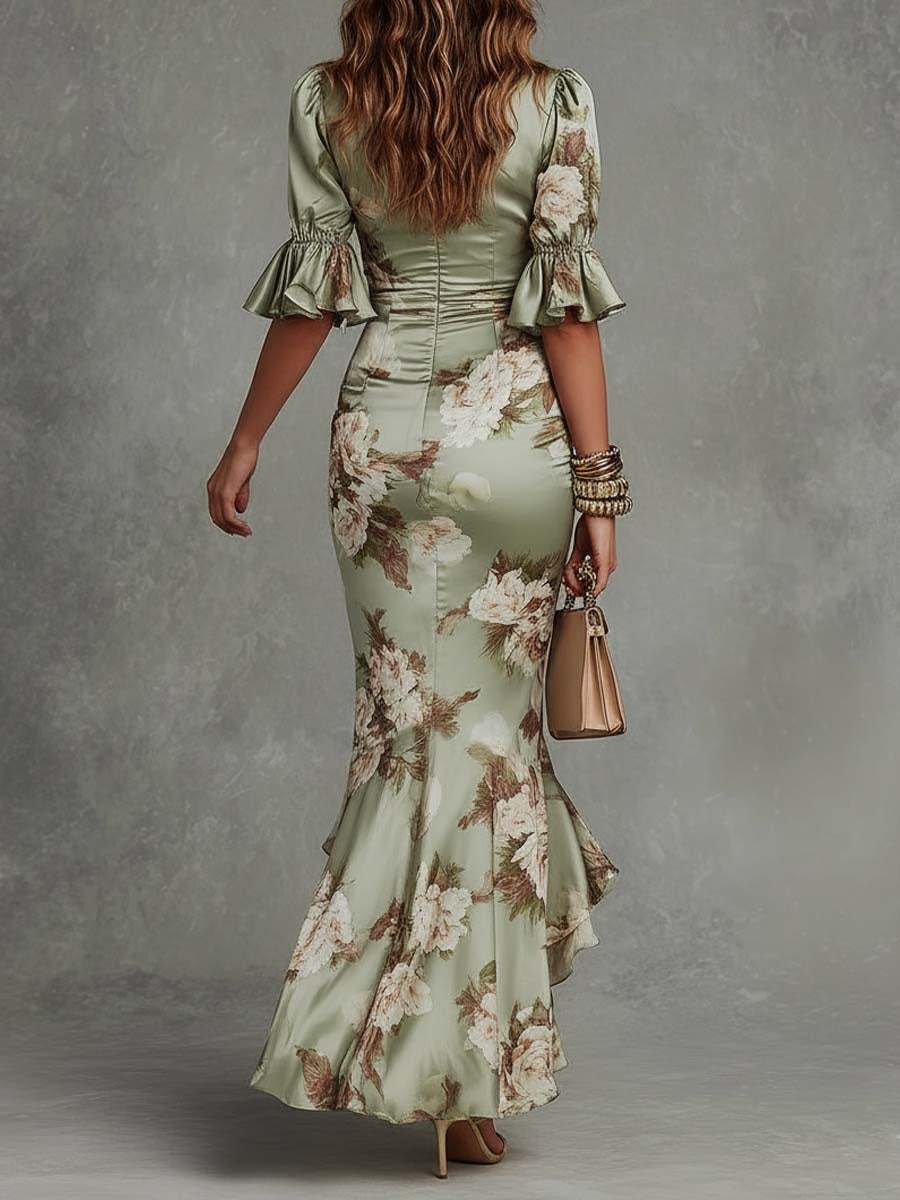 Vestido Floral Largo Ajustado con Volantes en el Escote