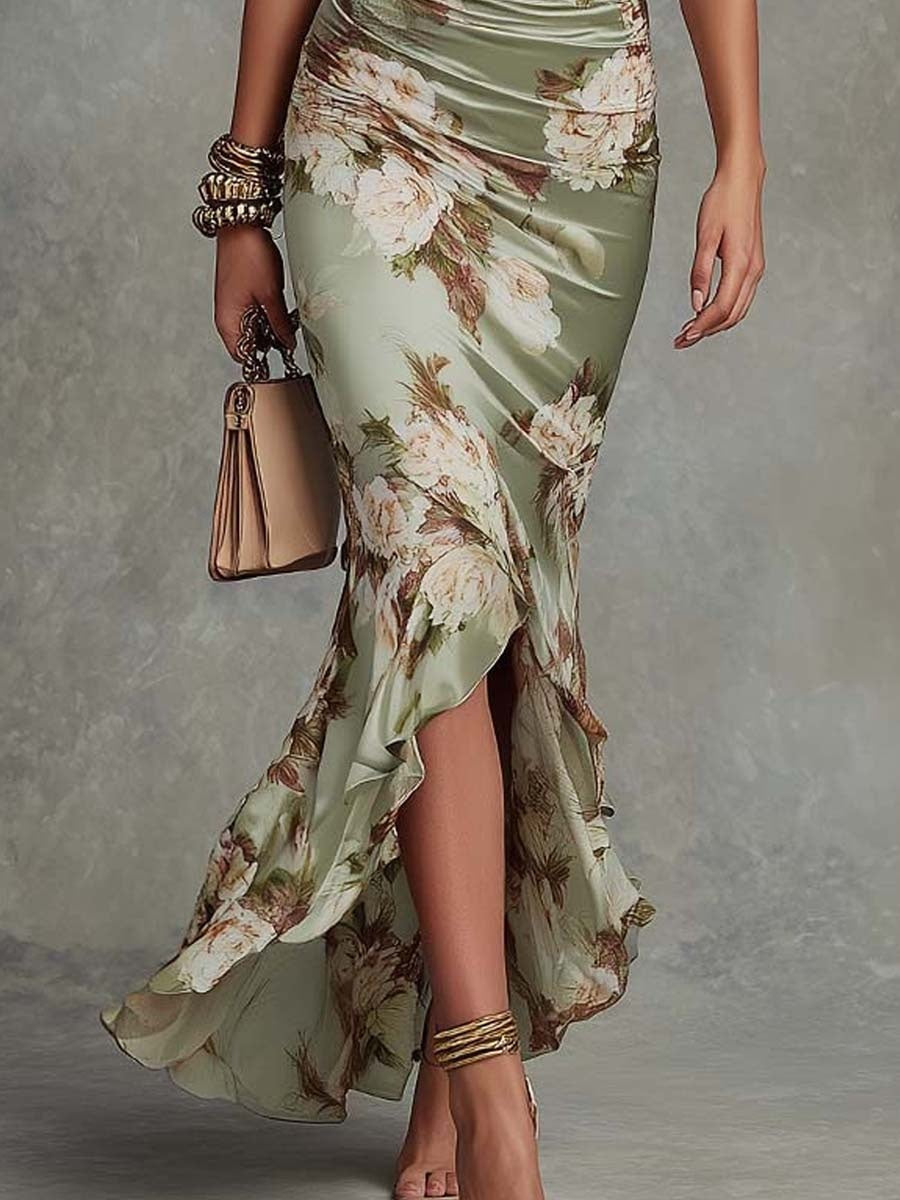 Vestido Floral Largo Ajustado con Volantes en el Escote