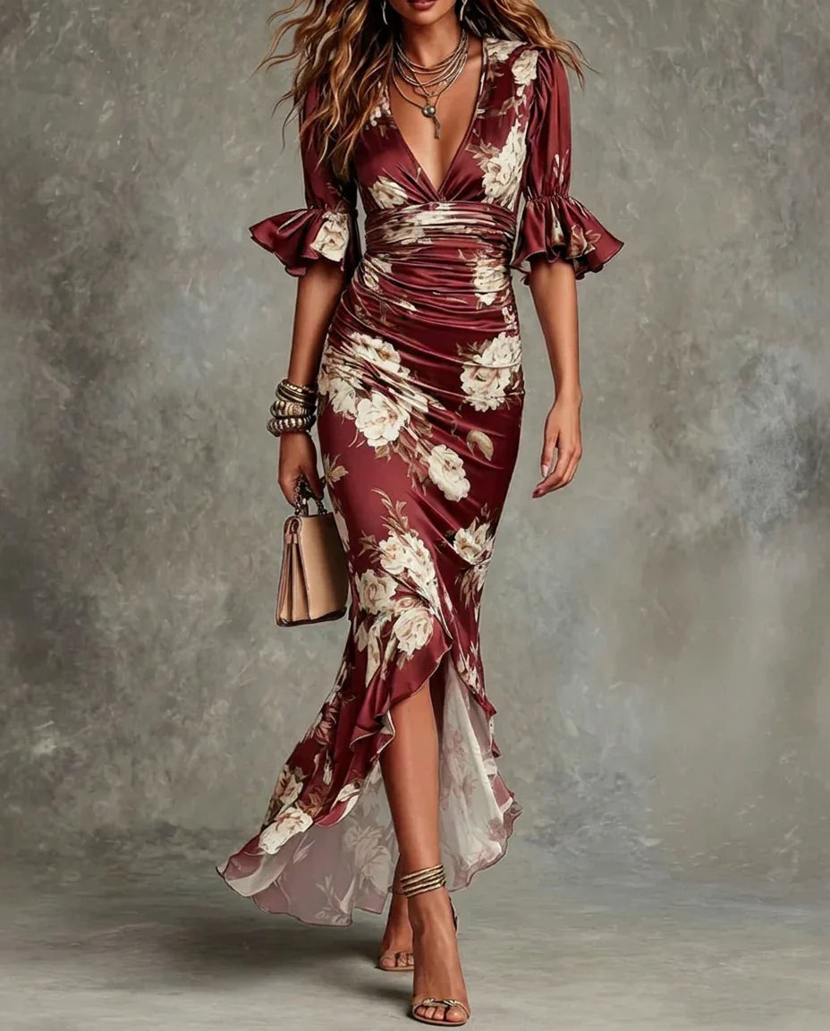 Vestido Floral Largo Ajustado con Volantes en el Escote