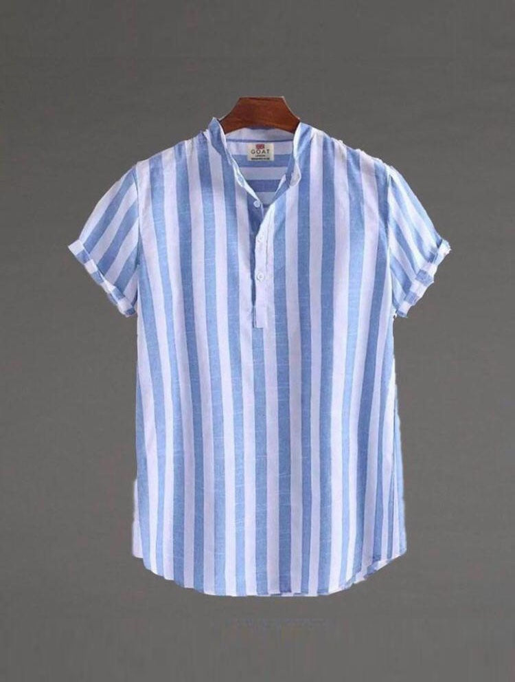Raya Mao | Camisa de Lino de Manga Corta Hombre Rayas Cuello Mao