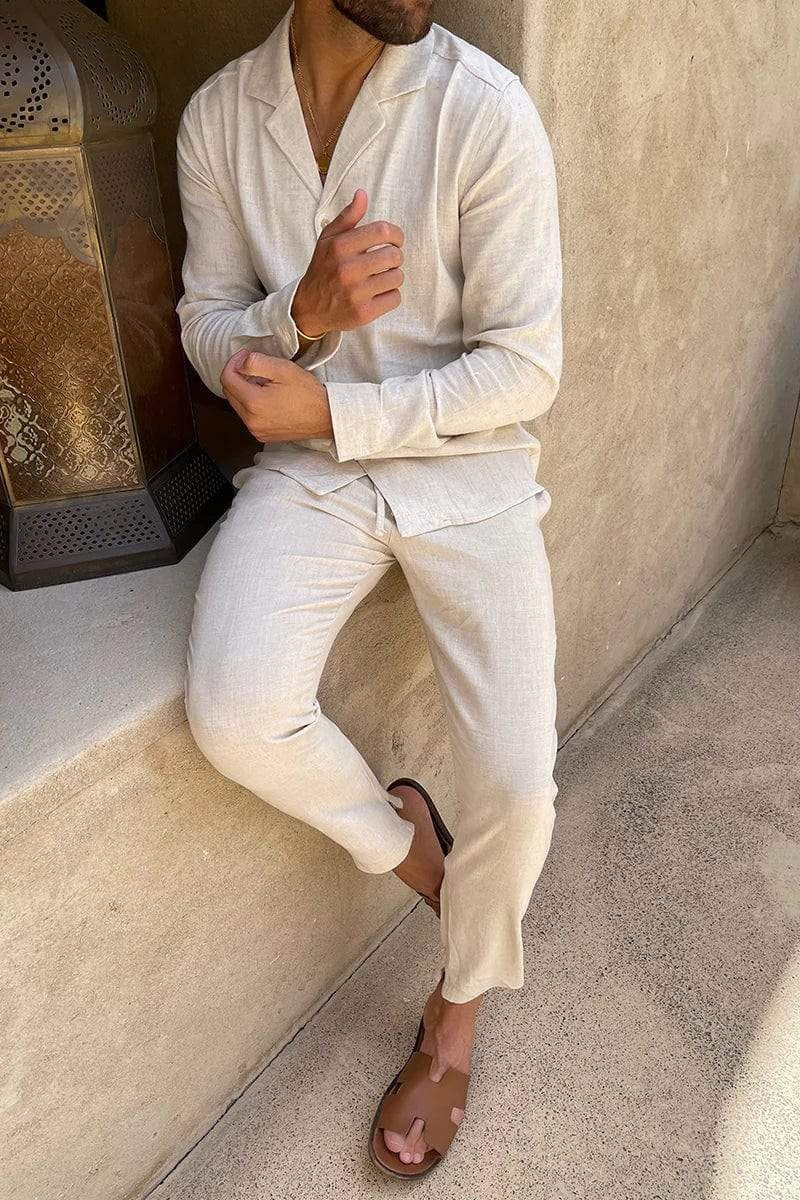 Conjunto de Lino Elegante Manga Larga para Hombre