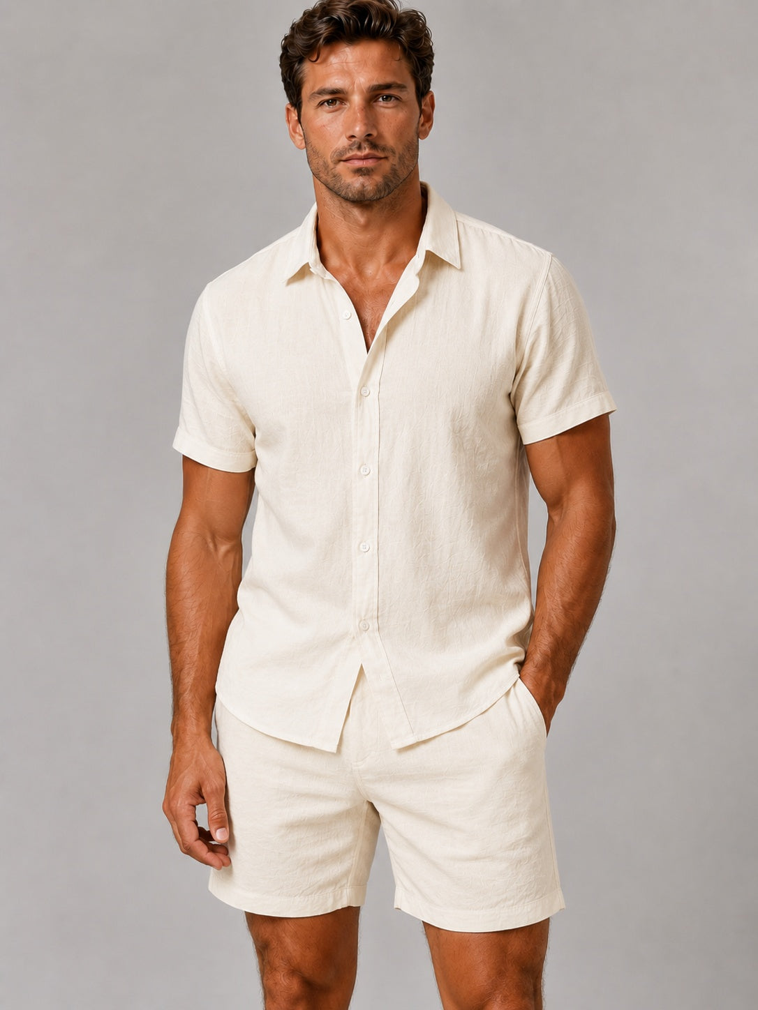 Conjunto de Lino Camisa Manga Corta y Pantalón Corto Hombre