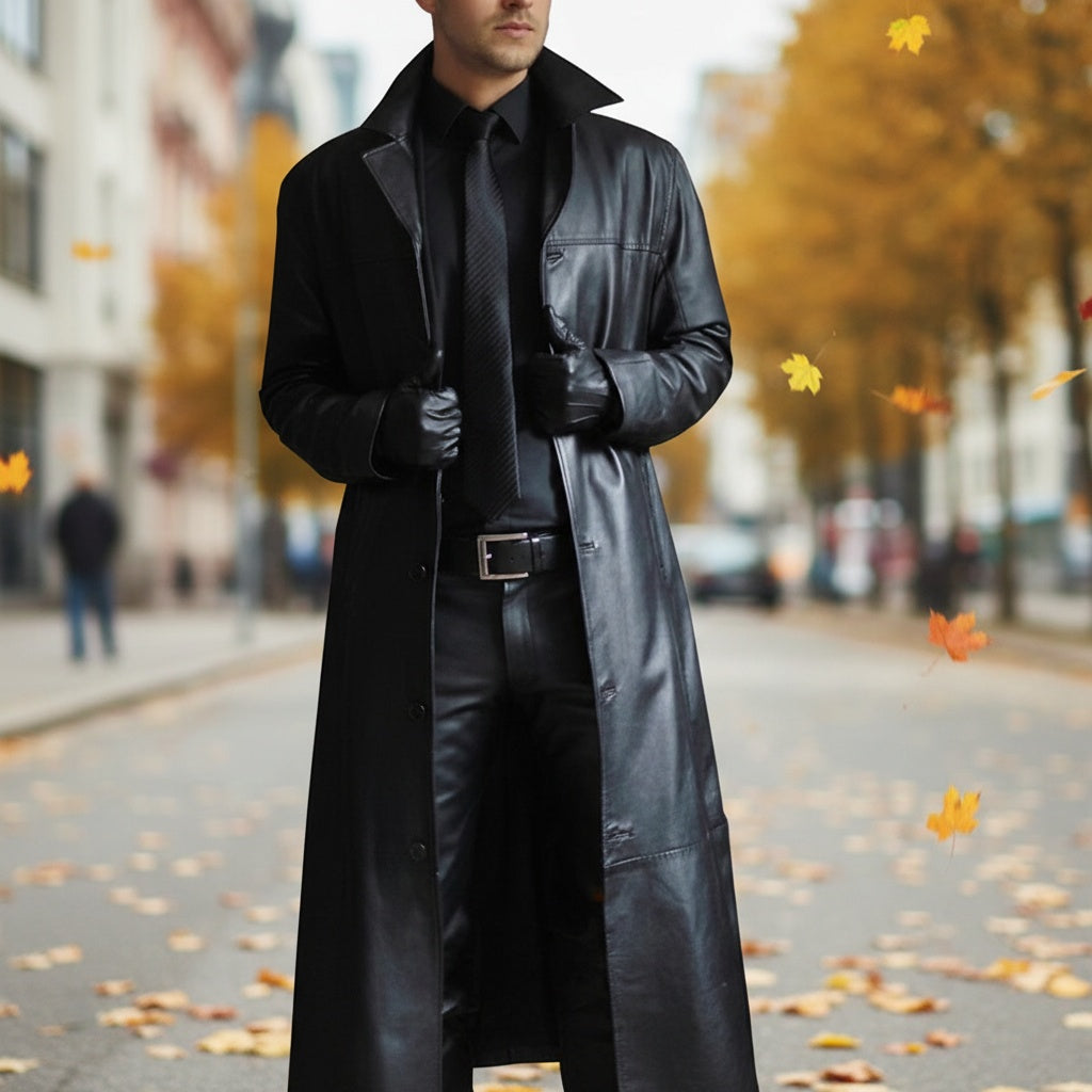 Chaqueta de Cuero Larga con Cuello Solapa para Hombre