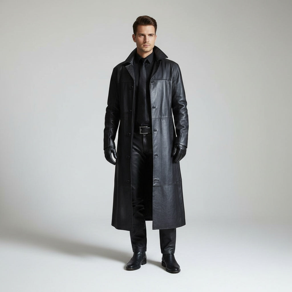 Chaqueta de Cuero Larga con Cuello Solapa para Hombre