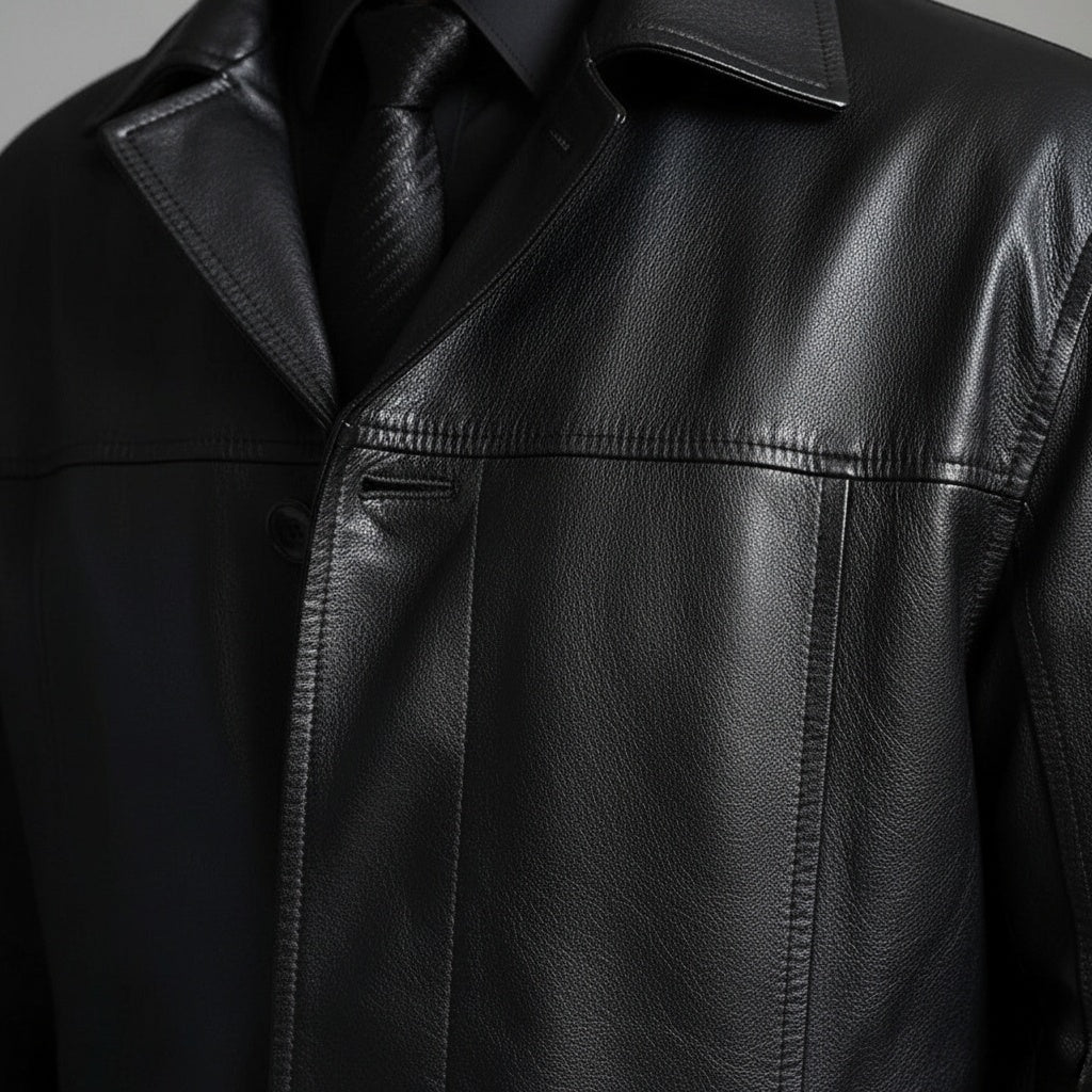 Chaqueta de Cuero Larga con Cuello Solapa para Hombre