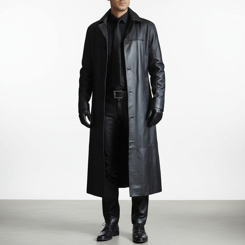 Chaqueta de Cuero Larga con Cuello Solapa para Hombre