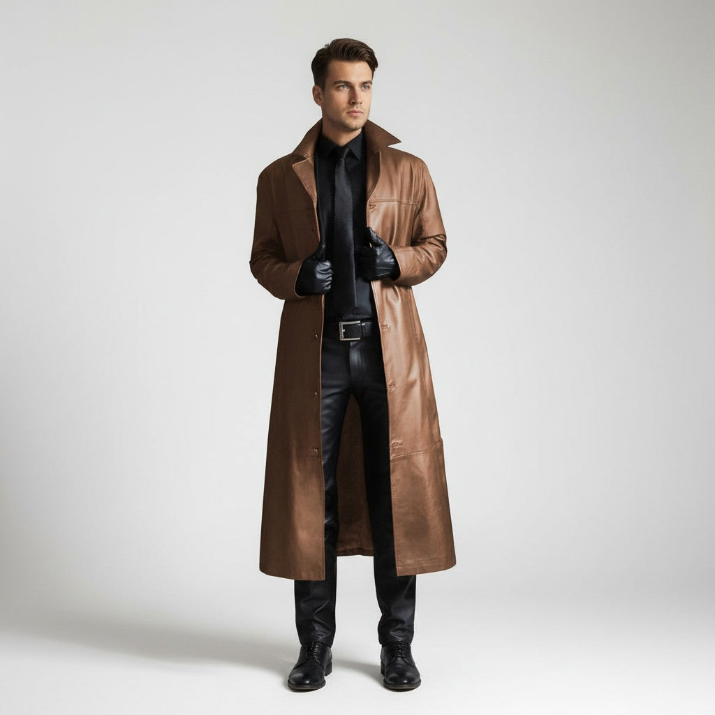 Chaqueta de Cuero Larga con Cuello Solapa para Hombre