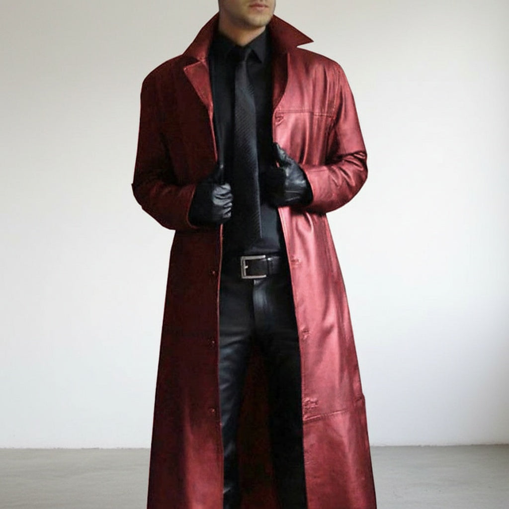 Chaqueta de Cuero Larga con Cuello Solapa para Hombre