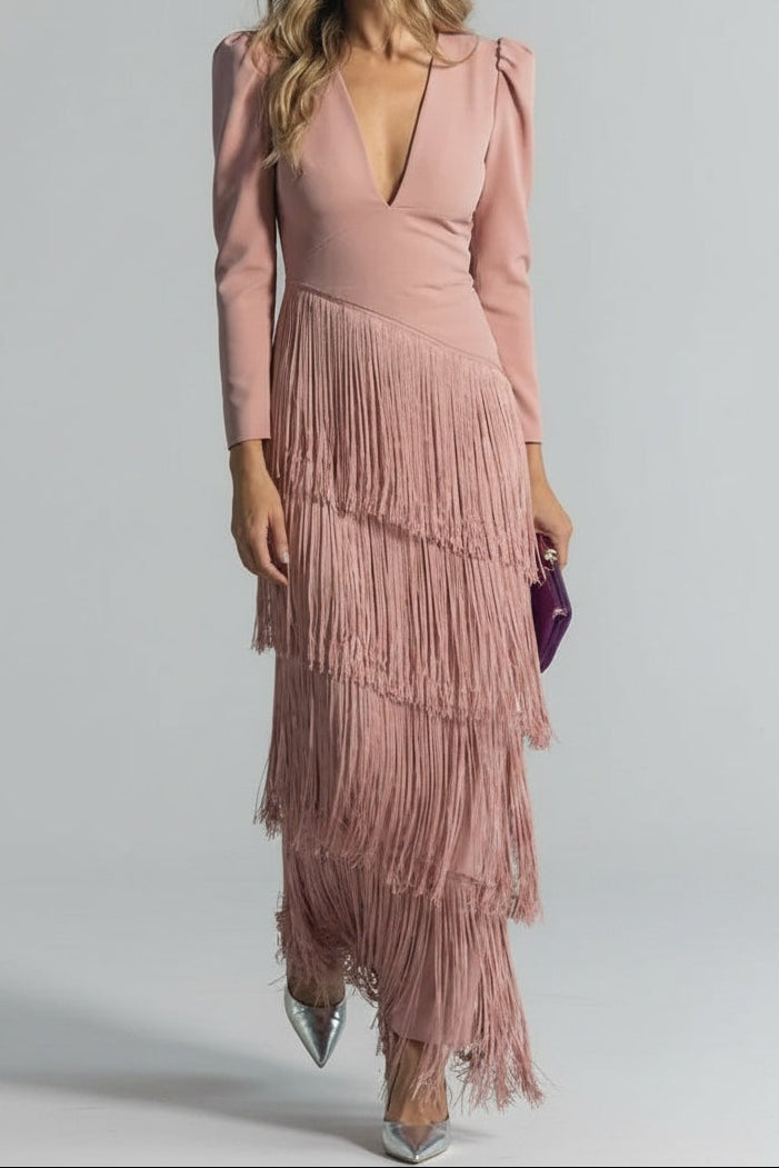 Vestido Largo de Invitada de Boda de Invierno Manga Larga con Flecos