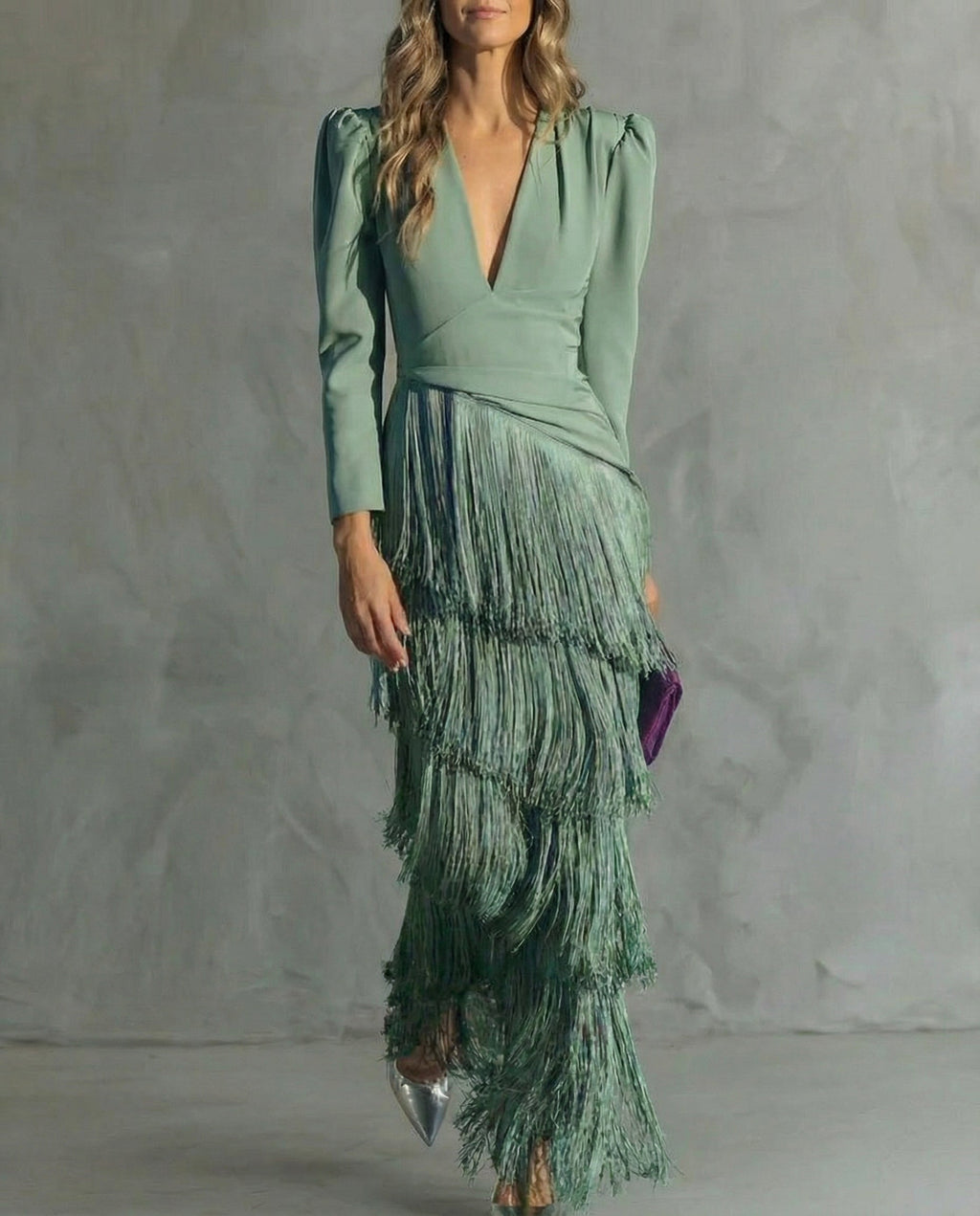 Vestido Largo de Invitada de Boda de Invierno Manga Larga con Flecos