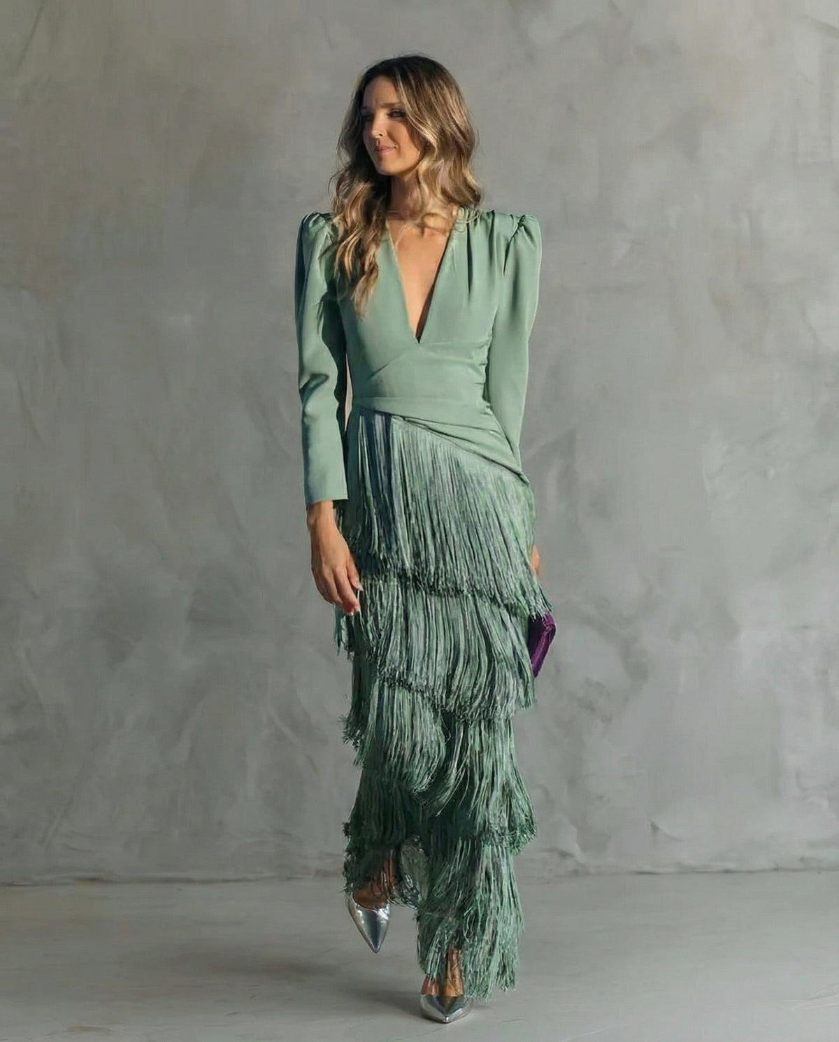 Vestido Largo de Invitada de Boda de Invierno Manga Larga con Flecos