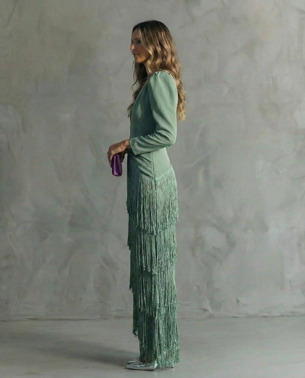 Vestido Largo de Invitada de Boda de Invierno Manga Larga con Flecos
