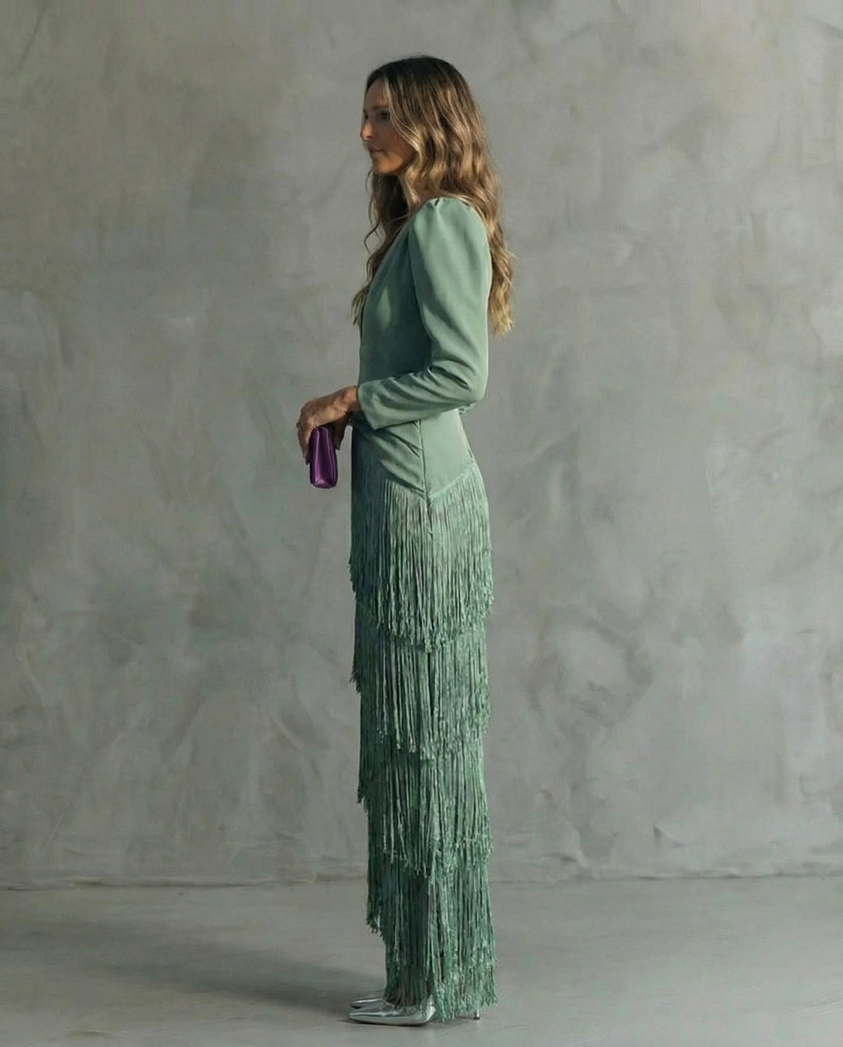 Vestido Largo de Invitada de Boda de Invierno Manga Larga con Flecos
