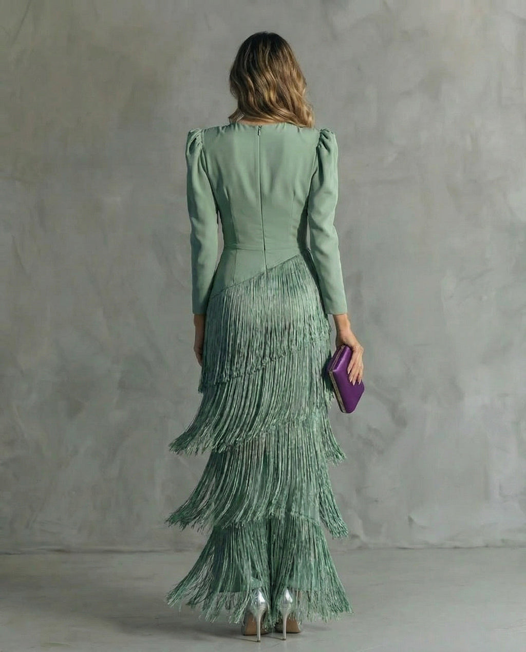 Vestido Largo de Invitada de Boda de Invierno Manga Larga con Flecos