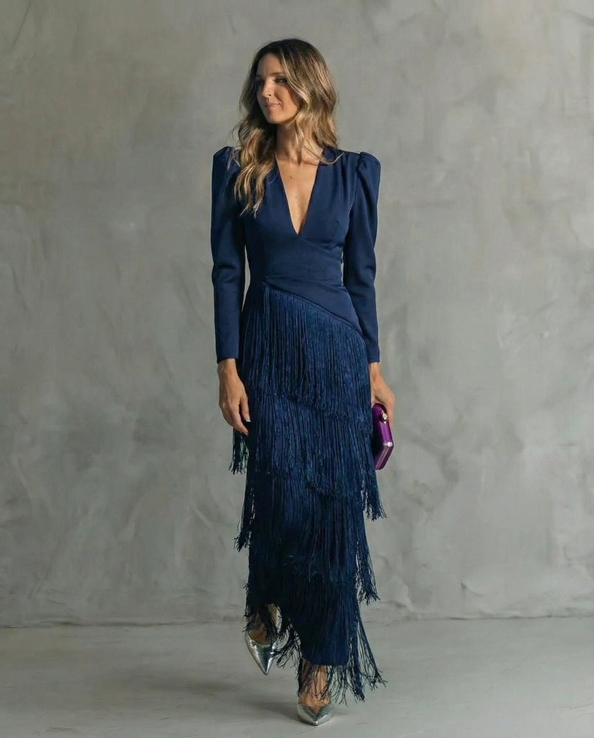 Vestido Largo de Invitada de Boda de Invierno Manga Larga con Flecos