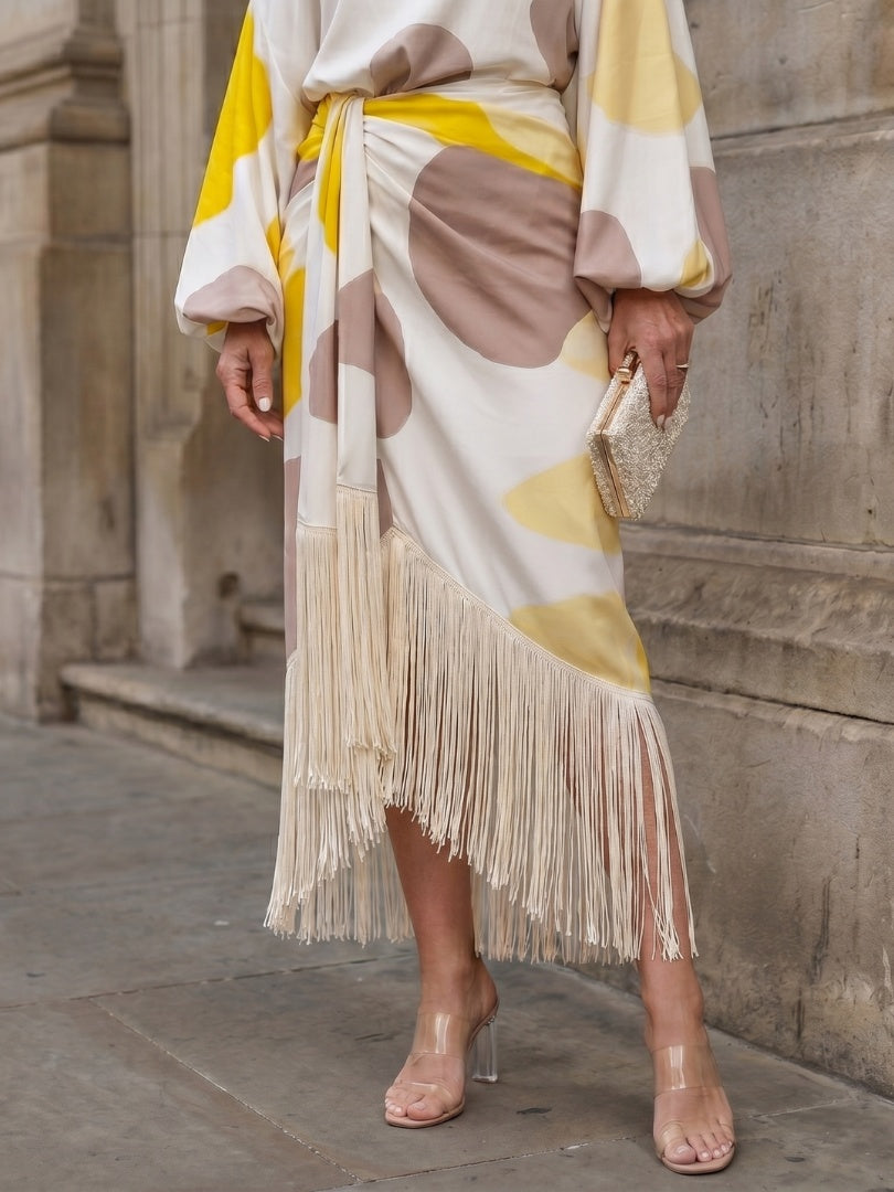 Vestido Midi Asimétrico de Un Hombro con Flecos y Manga Abullonada