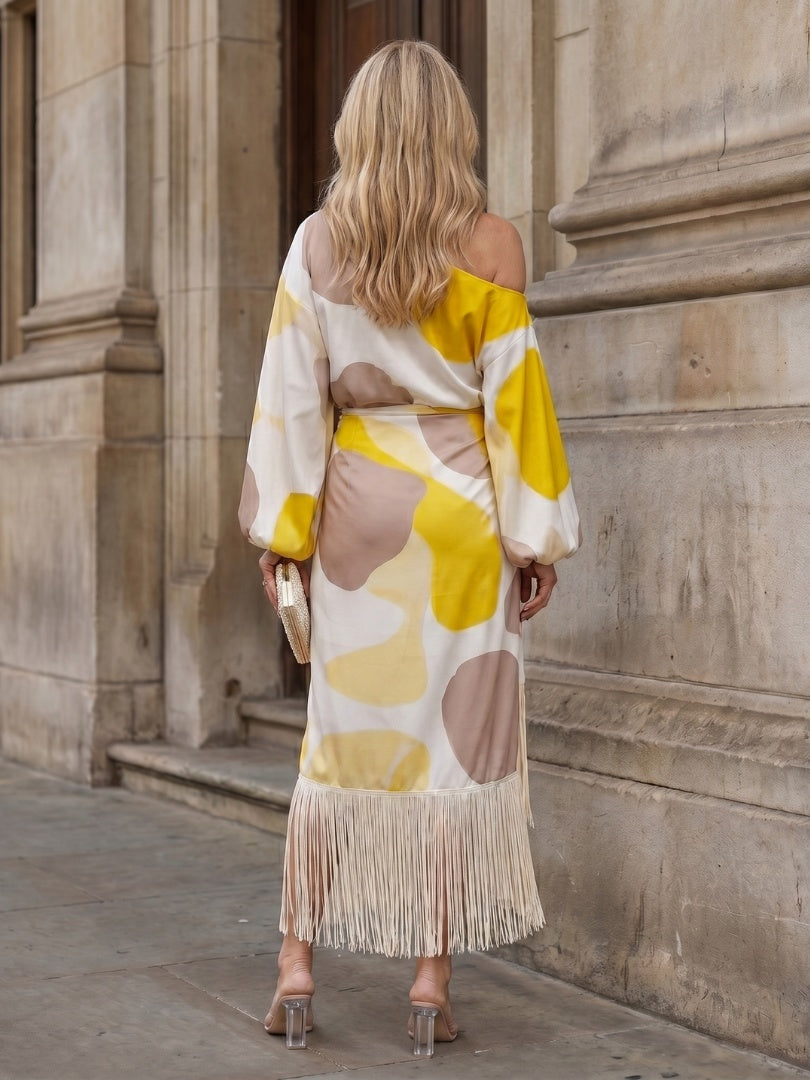 Vestido Midi Asimétrico de Un Hombro con Flecos y Manga Abullonada