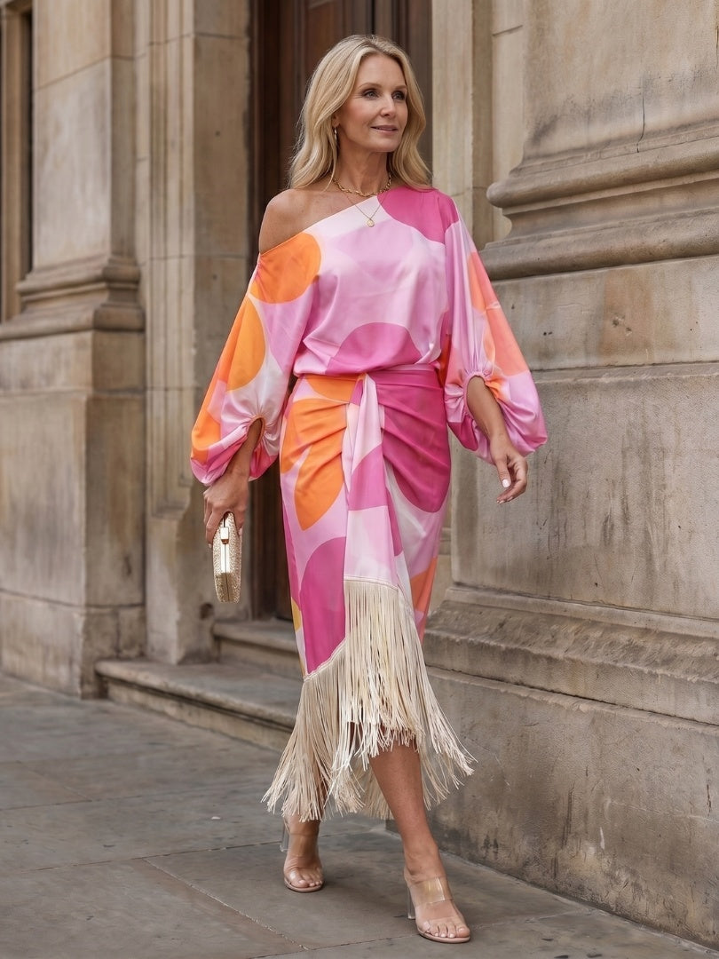 Vestido Midi Asimétrico de Un Hombro con Flecos y Manga Abullonada