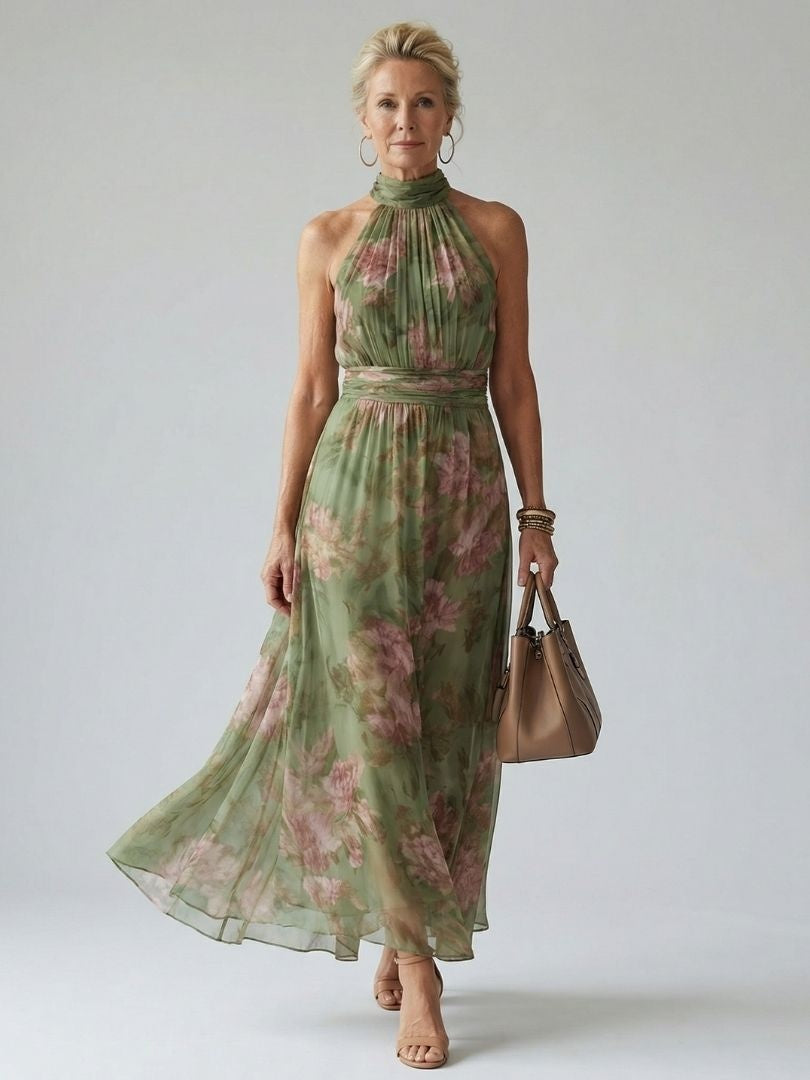 Vestido Midi Halter Estampado Floral Fruncido