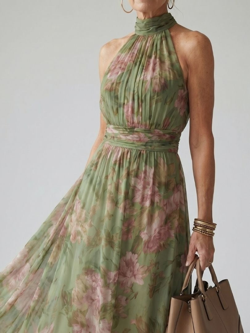 Vestido Midi Halter Estampado Floral Fruncido