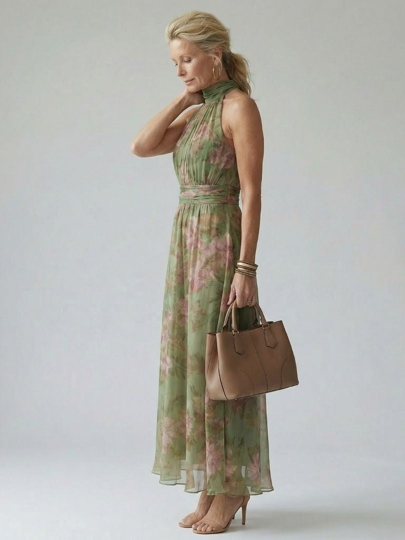 Vestido Midi Halter Estampado Floral Fruncido