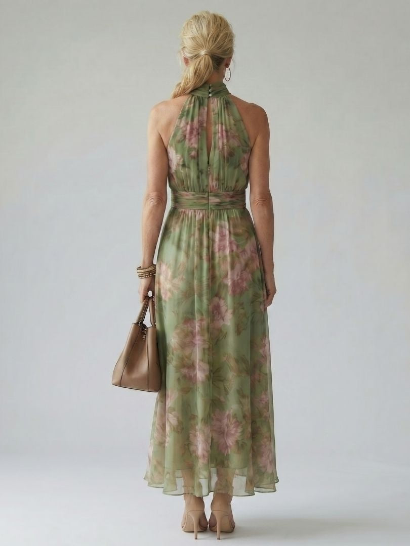 Vestido Midi Halter Estampado Floral Fruncido