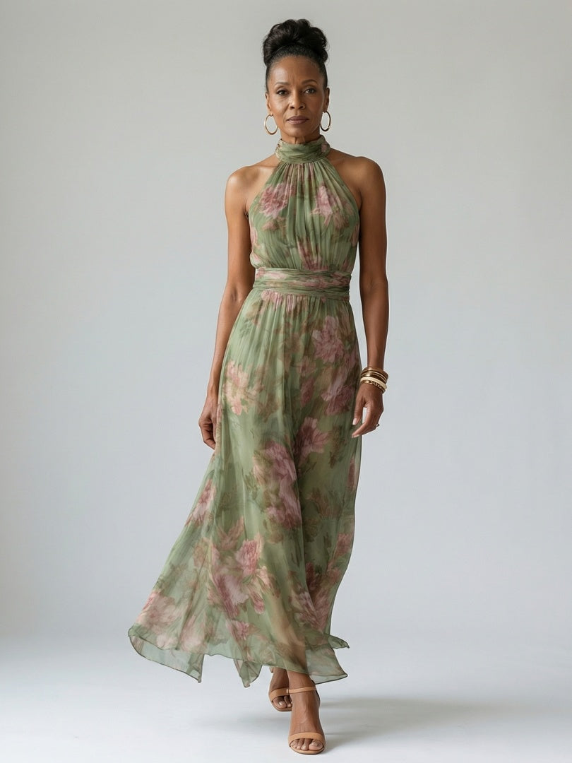 Vestido Midi Halter Estampado Floral Fruncido