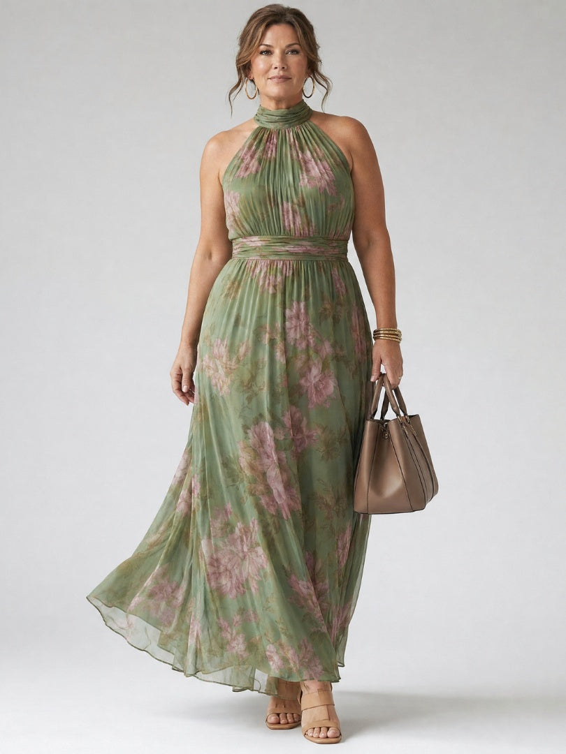 Vestido Midi Halter Estampado Floral Fruncido