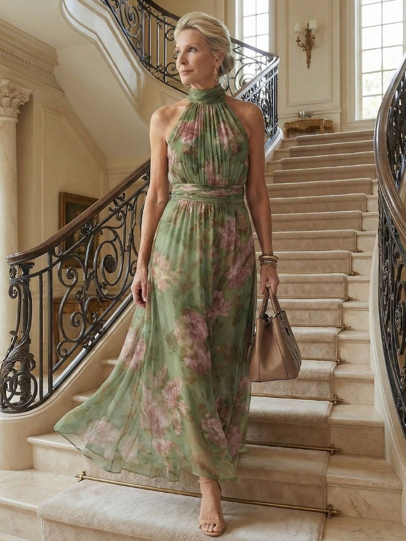 Vestido Midi Halter Estampado Floral Fruncido