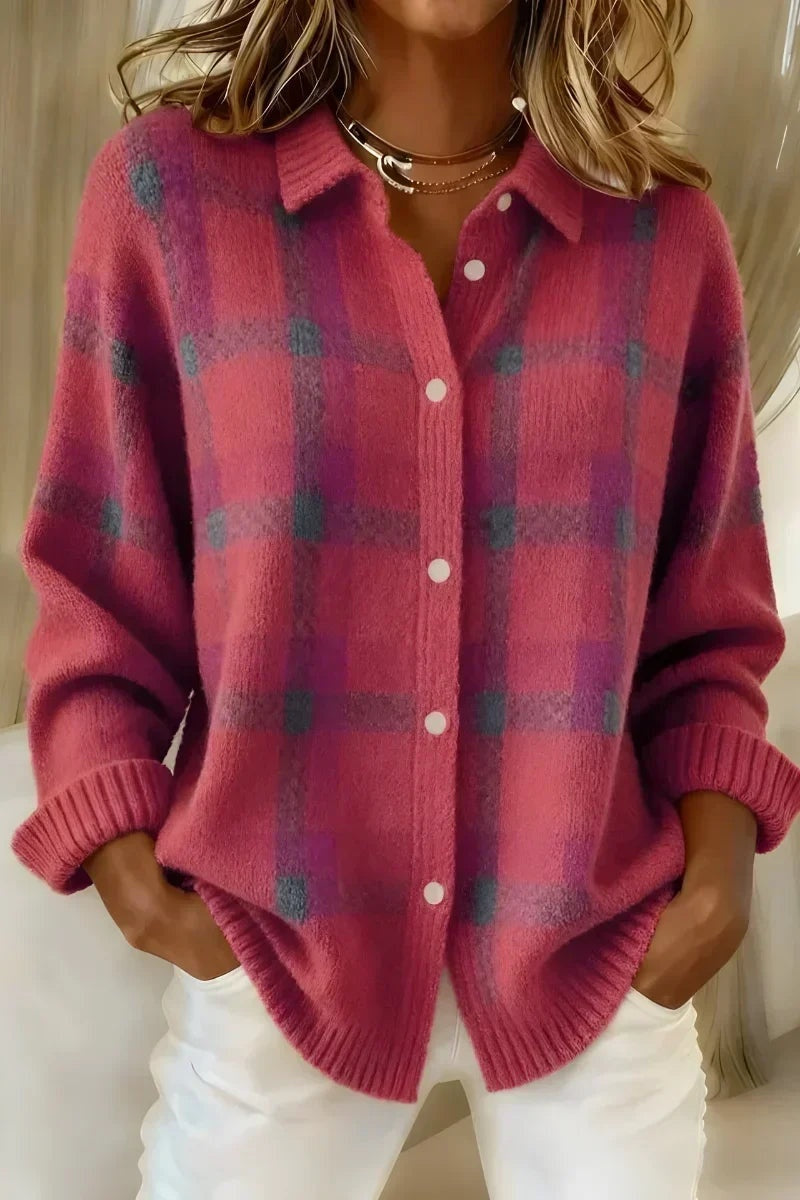 Beatriz | Cárdigan de Punto a Cuadros Mujer Solapa Botones