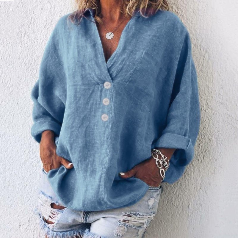 Onda Rosa | Blusa de Lino con Botones Cuello V Mujer Oversized