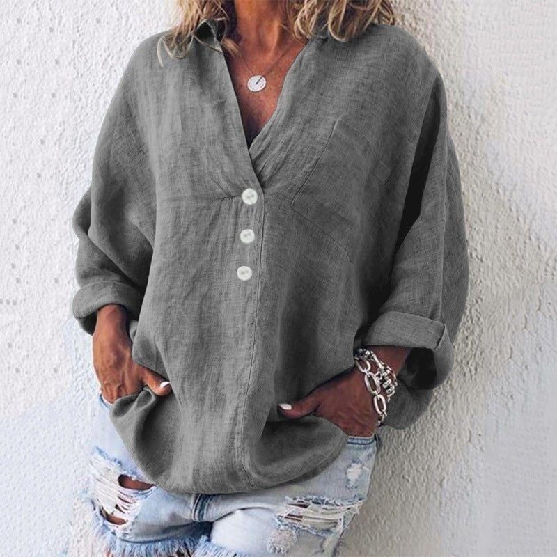 Blusa de Lino Oversized Cuello V con Botones