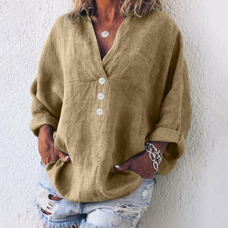 Blusa de Lino Oversized Cuello V con Botones