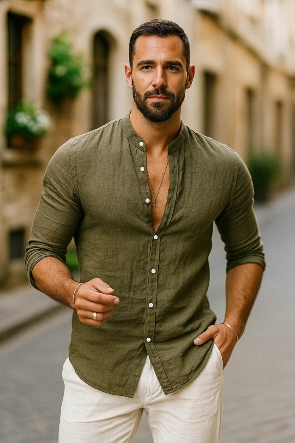 Mao Costero | Camisa de Lino de Manga Larga Hombre Cuello Mao