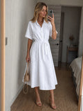 Vestido Midi Camisero de Bordado Inglés con Cinturón