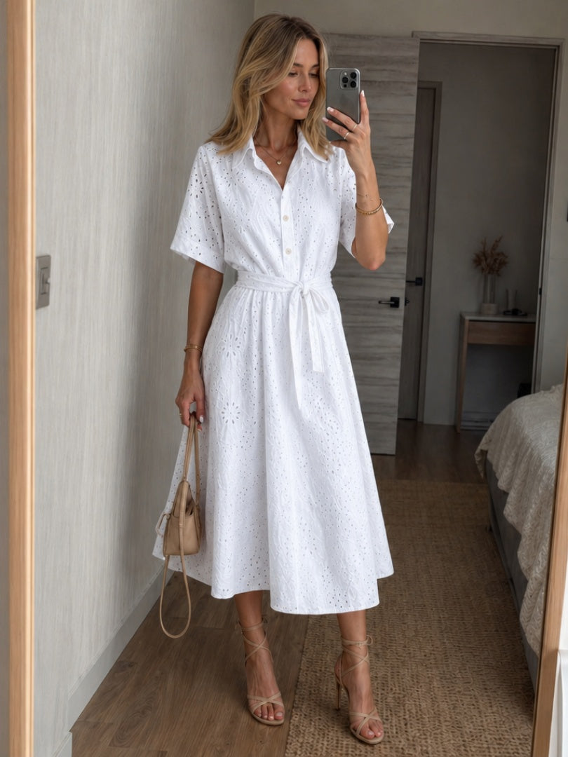 Vestido Midi Camisero de Bordado Inglés con Cinturón