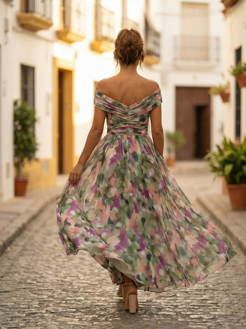Vestido Largo de Gala Plisado Hombros Descubiertos
