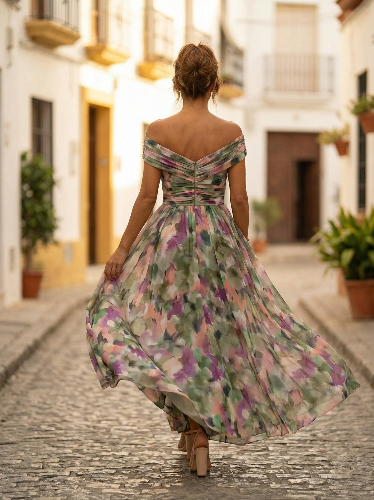 Vestido Largo de Gala Plisado Hombros Descubiertos