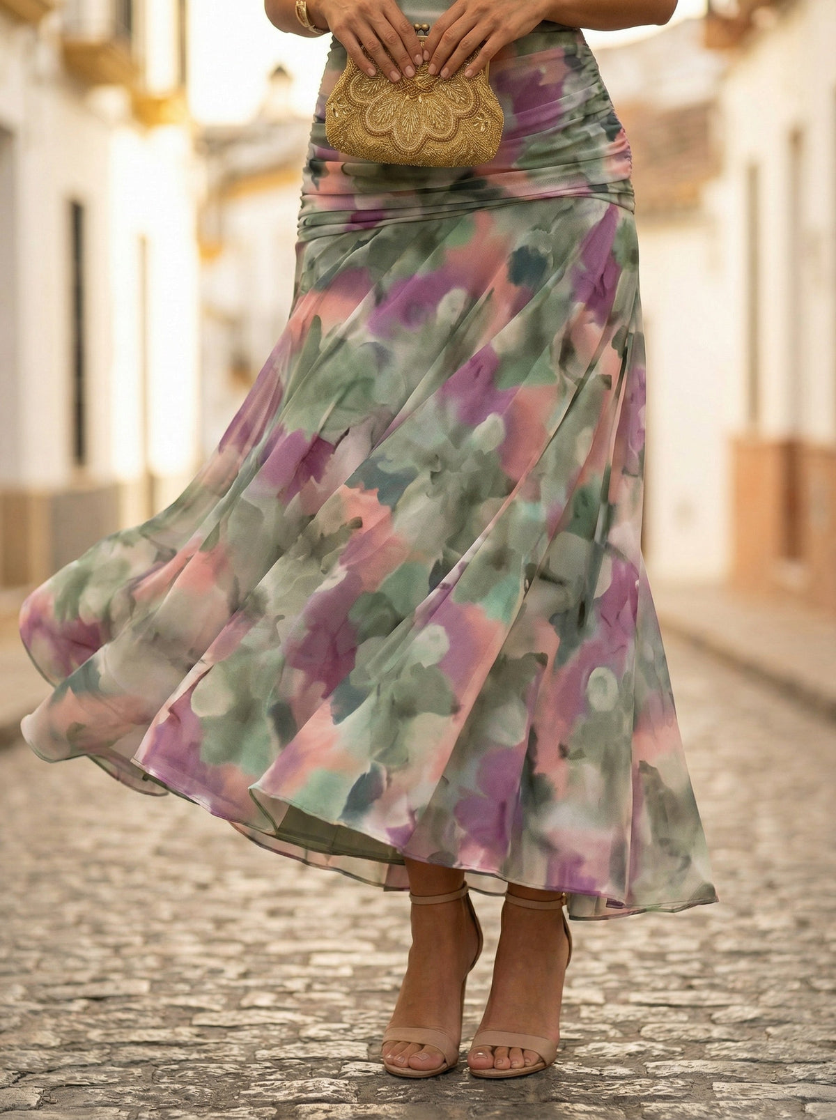Vestido Largo de Gala Plisado Hombros Descubiertos