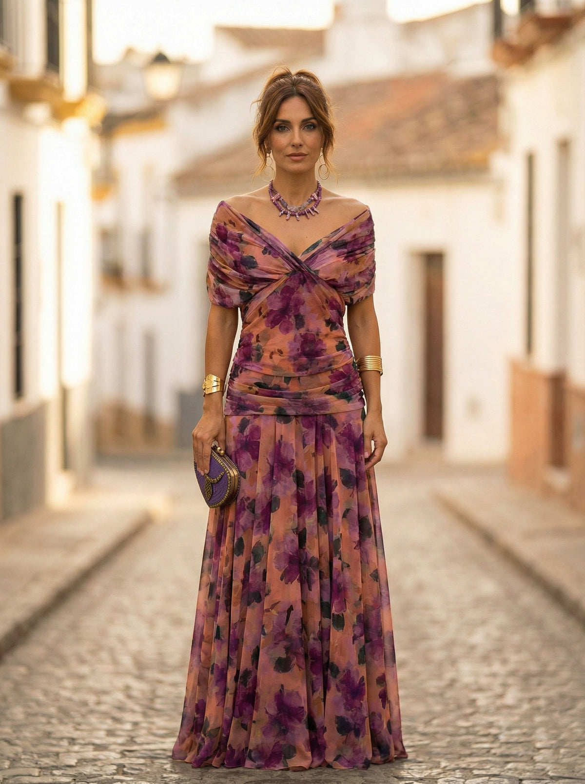 Vestido Largo de Gala Plisado Hombros Descubiertos