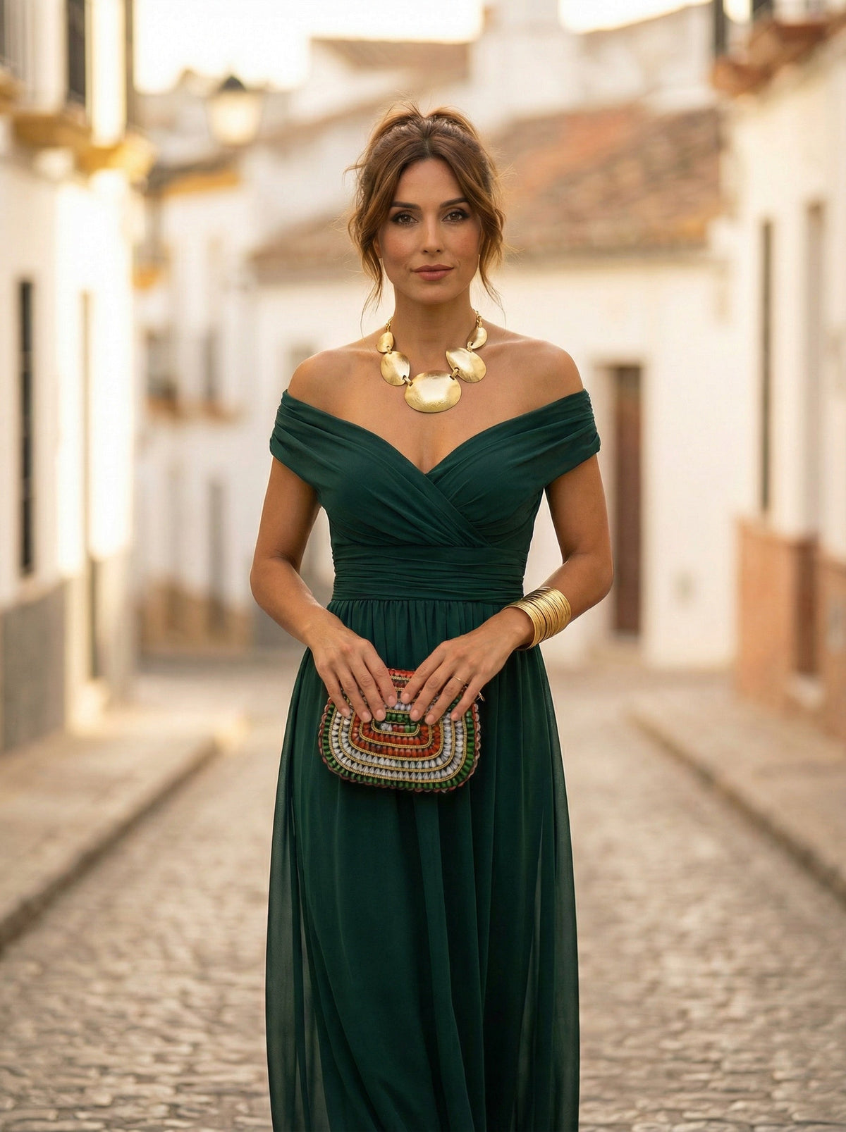 Vestido Largo de Gala Plisado Hombros Descubiertos