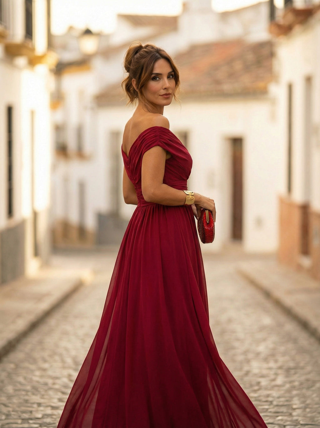 Vestido Largo de Gala Plisado Hombros Descubiertos